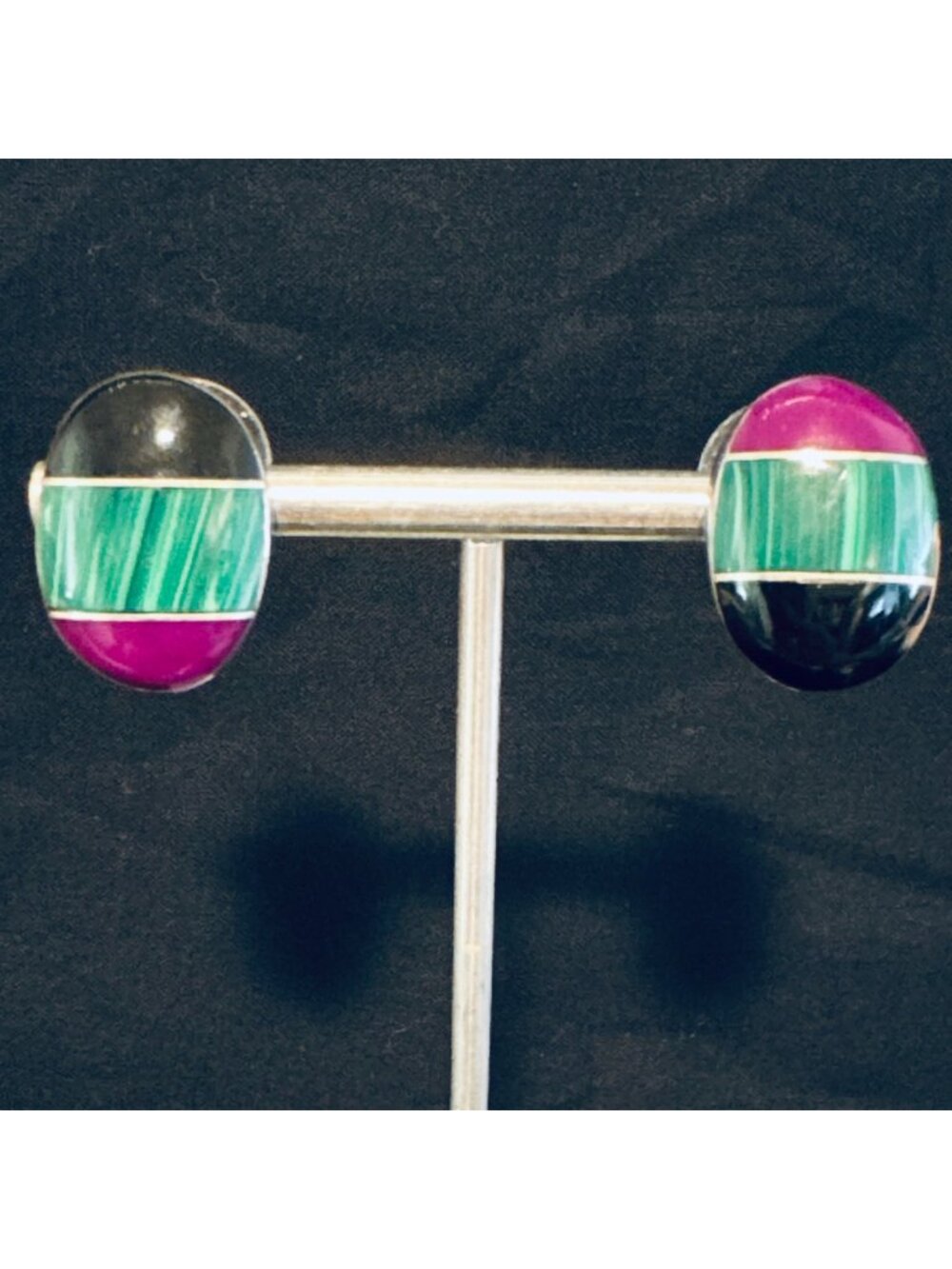 Sterling Silver 925 Multi-Gemstone Bezel Set Stud Earrings Size 0.75" Length